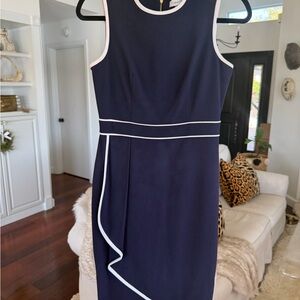 Calvin Klein Navy Asymmetrical Dress with White Accents